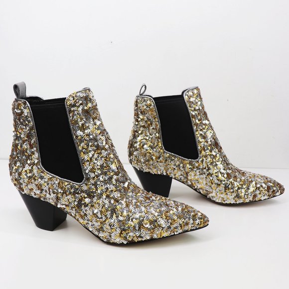 NWT Marc Jacobs Kim Sequin Chelsea Booties Embellished Block Heel Gold Silver 9 - Picture 7 of 10
